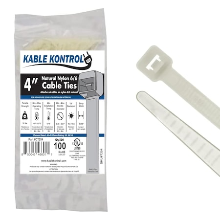 Kable Kontrol Cable Tie, 4 in L, 1 in Max Bundle Dia., Natural, Nylon 6/6, 18 lb Strength, 100 PK CT204